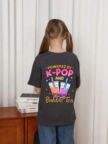 Tween Girl "Boba Tea & K-POP" Graphic Sweatshirt, Fashion Top For Girls, Suitable For Casual, School, Street Wear, Perfect For K-POP Loving Fashionistas - Dark Grey - View 2