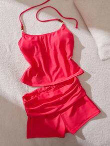Bộ đồ bơi tankini cổ yếm màu trơn dành cho nữ, thích hợp cho kỳ nghỉ hè ở bãi biển. - Đỏ - Xem 9