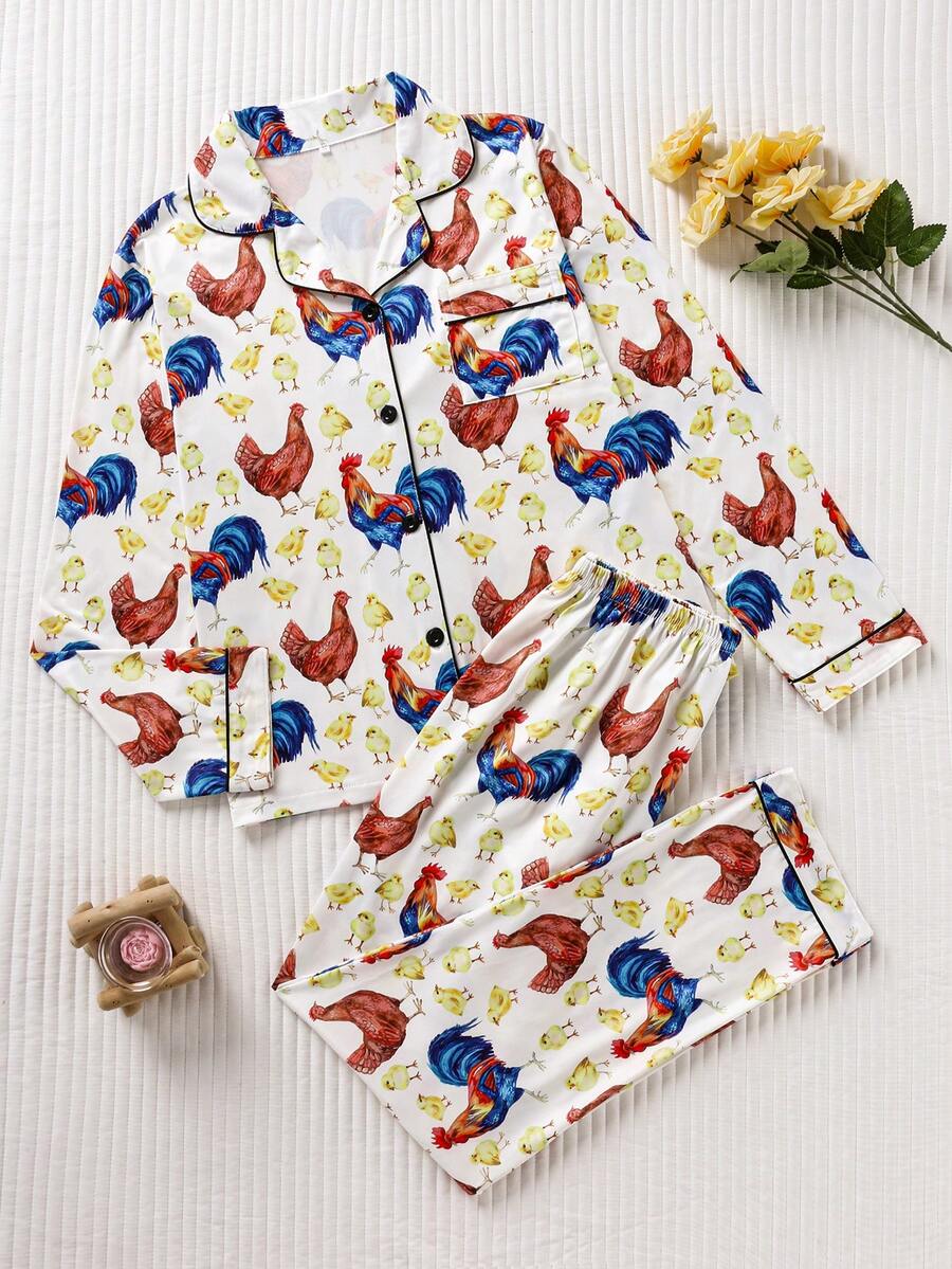 2pcs Funny Rooster & Chick All-Over Print Women Pajama Set, Loose Comfortable Button-Up Long Sleeve Top And Pants, Personalized Style Sleepwear - White - View 1