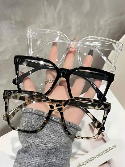 3pcs Bohemian Style Large Frame Anti-Blue Light Glasses, Women's Style, Fashionable Leopard Print And Solid Color Available, Pc Polycarbonate Material, Full Frame Design, Anti-Blue Light Computer Gaming Glasses.