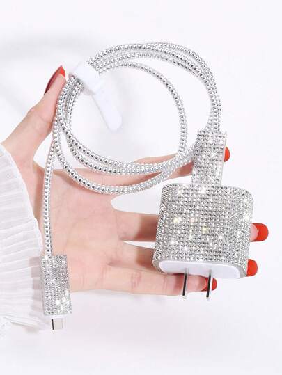 5pcs Rhinestone Data Cable Protector & Charger Head Cover Set Charger Protector