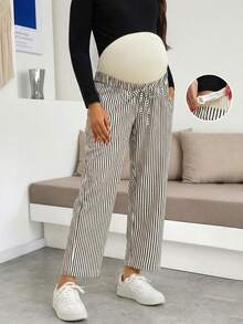 孕妇撞色条纹抽绳腰宽松休闲裤，适合度假和居家穿着，春夏秋季 (JH25124) - 黑色 - 查看 5