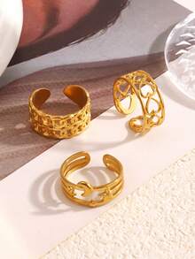 3pcs/Set Stainless Steel 18K Gold Plated Heart, Star, Moon Ring Set, Suitable For Women's Daily And Party Wear - Multicolor - View 4
