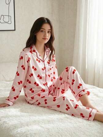 Teens Heart Pattern Silky Fabric Pajama Set, Suitable For Daily Wear And Valentine's Day