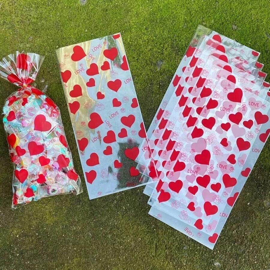 50pcs Valentine's Day Gift Bags, Romantic Gift Bags, Transparent OPPE Bags For Valentine's Day, Romantic Couple Gift Packaging, Dreamlike Theme Party Decor, Heart-Shaped Design| Plastic Bags, Valentine's Day Decor, Best For Thanksgiving, Valentine's Day, Wedding, Event Party Gift Bags - 彩色 - 查看 1