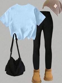 Set de 2 piezas de camiseta de manga corta con estampado de corazón dulce y lindo, y leggings para niñas. Suave y cómodo, adecuado para primavera y verano - Multicolor - Ver 4