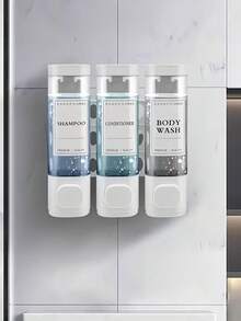 1 bình đựng xà phòng treo tường cho phòng tắm, có thể chứa sữa tắm, dầu gội và dầu xả - Thích hợp cho rửa tay, tắm và chăm sóc tóc - Bình có vòi bơm kèm khay đựng xà phòng, kiểu dáng khách sạn, không cần khoan, gắn tường ba ngăn. Thích hợp cho phòng tắm, nhà bếp, siêu thị, khách sạn và nhà hàng. - Nhiều màu - Xem 5