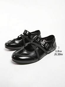 2025春季复古红色百搭魔术贴玛丽珍鞋，女士休闲圆头平底皮鞋 - 黑色 - 查看 8