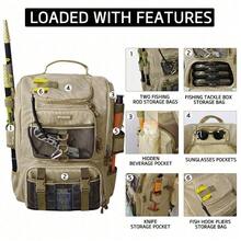 1个18.11x12.99x9.45英寸重型钓鱼背包(空包),采用厚牛津布制成,包含2个鱼竿支架和2个网状口袋,多个拉链隔层,10.2加仑大容量便携式钓鱼装备包,适合存放钓鱼用具、鱼竿、鱼饵、钳子等,非常适合户外钓鱼、露营和徒步旅行,是钓鱼爱好者的理想之选。 - 卡其色 - 查看 9