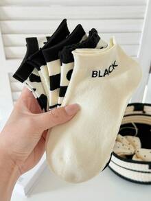 5 Pairs Women's Black & White Striped Polka Dot Ankle Socks, Girls' Breathable Moisture-Wicking Low-Cut Socks For Spring & Summer - Black and White - View 10