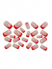 24片可重复使用的亮粉色闪粉条纹哑光方形假指甲，带胶水，适合女性和时尚达人，礼盒套装包含1个指甲锉，Y567橙色条纹