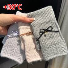 1 Pair Thick Fluffy Warm Winter Fingerless Gloves For Women, Elegant Solid Color Knitted Fleece Warm Gloves, Windproof Wedding Gloves Design, Versatile For Office, School, Writing, Dating, Cycling, Parties, Suitable For Autumn/Winter Outdoor Activities And Daily Wear - Multicolor - View 11