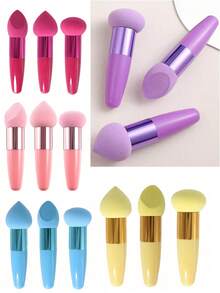 3Pcs Makeup Sponge Facial Foundation Sponge Professional Makeup Blending Sponge With Handle Beauty Sponge Blender Dry & Wet Use Makeup Sponges For Foundation - Multicolor - View 1