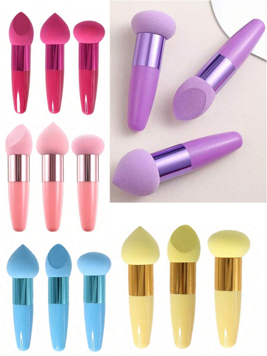 3Pcs Makeup Sponge Facial Foundation Sponge Professional Makeup Blending Sponge With Handle Beauty Sponge Blender Dry & Wet Use Makeup Sponges For Foundation - Multicolor - View 1