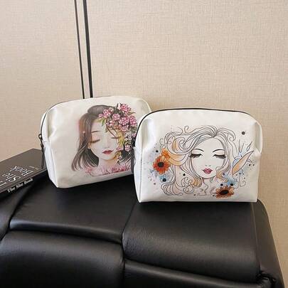 Hand-Painted Girl Cosmetic Bag, Large Capacity Skincare Products Storage Pouch, Travel Handbag, Women's Small Items Organizer, Gift For Friends, Wedding Gift, Travel Essential