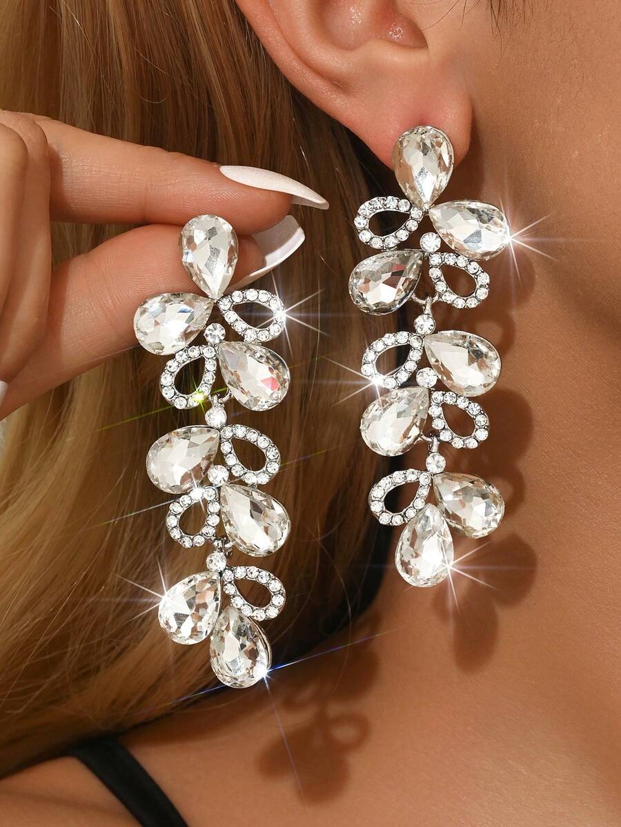 Hollow-Out Drop-Style Bridal Women's Fashionable Sparkling Crystal Earrings, Luxurious Jewelry Earrings Suitable For High-End Evening Dresses, High-End Dinners, And Gift Giving, - MS383 - View 1