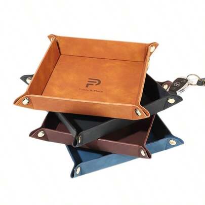 1 pieza Caja de almacenamiento plegable de cuatro esquinas, Joyero de cuero PU, Bandeja de almacenamiento de cuero para mesa, Entrada de fábrica