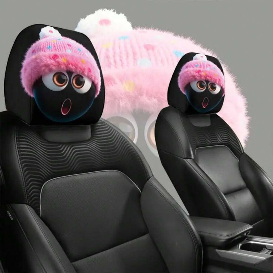 Gorro de peluche rosa de invierno de dos piezas con expresión sorpresa, funda para reposacabezas de coche, lavable, decoración navideña, estilo de dibujo animado lindo ORAN - TZT203 - Ver 1
