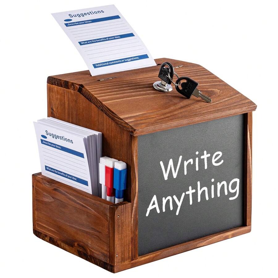 Wood Suggestion Box With Lock And Slot, 20.8*16.5*20 Cm Wooden Donation & Comment Box With Card Holder - Brown - View 1