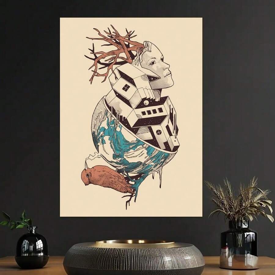 1pc Whimsical Architect Canvas Wall Art - Surreal Nature & Urban Fusion Design, Animation Art Style High-Quality Print For Living Room, Bedroom, Office, Cafe Decor - Unique Gift For Home Decoration, Office Artwork | Abstract Human Figure | Intricate - 彩色 - 查看 1