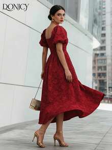 DONICY Đầm nữ dài ngang gối tay phồng cổ vuông màu đỏ tía dập nổi, kiểu dáng mới, thích hợp cho ngày Valentine, lễ hội và mặc hàng ngày. - Màu Đỏ Sâu - Xem 2