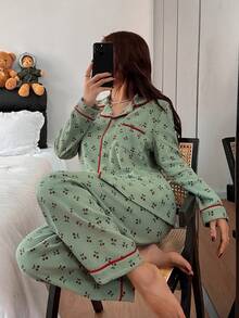 2pcs Women Turndown Collar Right Pocket Allover Print Long Sleeve Top + Straight Leg Allover Print Pants Set, Spring/Autumn - Green - View 6