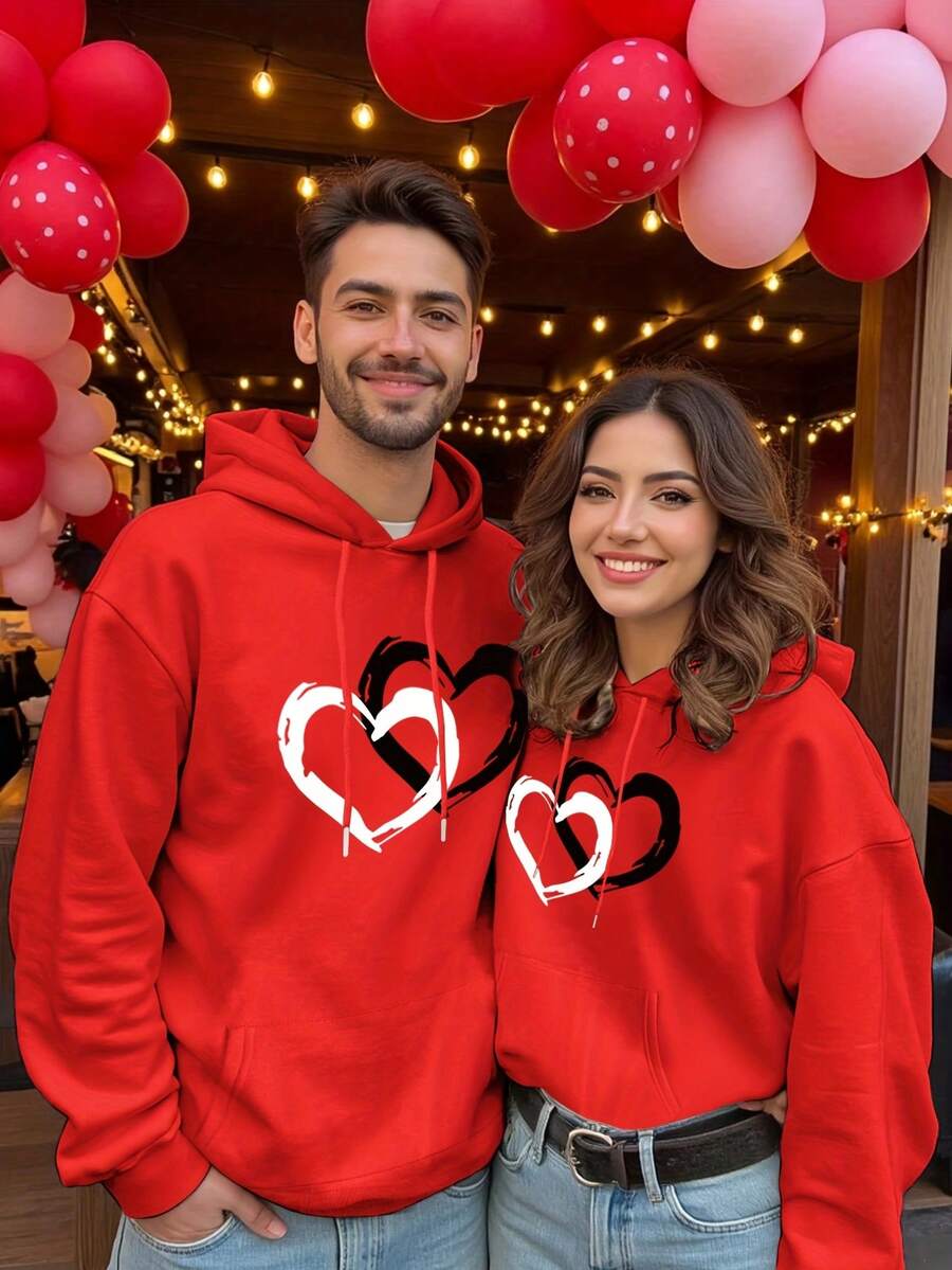 Nuevo conjunto de pareja, regalo para pareja, sudadera con capucha y bolsillo de forro polar cálido para novio y novia, sudadera casual diaria con diseño creativo impreso, patrón frontal en la parte superior - Pieza única roja para hombre - Ver 1