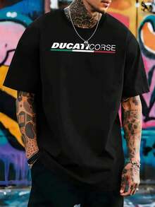 Camiseta de algodón negra Ducati Corse Racing, tejido de alta calidad, corte holgado, estilo hip-hop callejero, cómoda, estampado artístico. - Negro - Ver 1