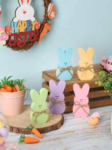 5pcs Easter Bunny Pattern Tiered Tray Decor Burlap Rabbit Desktop Centerpiece Standalone Easter Bunny Desktop Decor, Spring Decoration - Multicolor - View 2