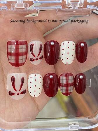 10片装极简法式ins甜美清新复古Y2K手绘红白波点格纹压花蝴蝶结短椭圆美甲贴纸，新年和情人节礼物