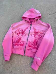 American Hip Hop Rock Pink Design Color Cardigan Hooded Sports Sweater Jacket Top Gradual Change Coat - 粉紅色 - 查看 3