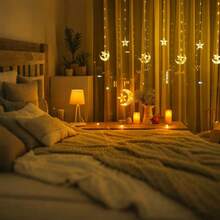 1pc 78.74inch Ramadan Star Moon LED Curtain Decoration String Light | Suitable For Ramadan, Valentine'S Day, New Year, Coffee Shop, Bedroom Wall, Wedding Party, Room Window Decoration - Battery Powered, Without Battery