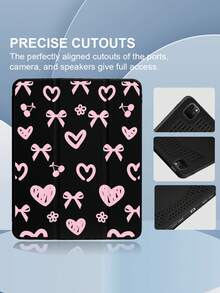 A Tablet Case With A Pink Bow And Heart Pattern, Suitable For IPad Air 4/5 10.9-Inch And IPad 8/9 10.2-Inch. It Features A Black Flip Design, A Pen Slot, And Enhanced Heat Dissipation. - Black - View 3