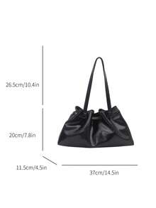 New Vintage Style Drawstring Bucket Bag, Lightweight Minimalist Design, Large Capacity, Solid Color Soft Leather Shoulder Bag - Black - View 7