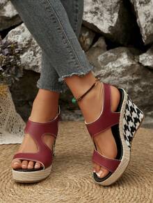 Red & Black Houndstooth Platform Wedge Sandals, Versatile, Sexy, Peep Toe Ankle Strap Wedge Heels With Backless Design, Women's Thick Sole Wedge Sandals, Fashion High Heel Sandals With Cross-Border Code, Woven Straw Rope Design, Comfortable Wedge Lace-Up High Heel Sandals, Plus Size, Flat Platform Style, Fashionable Lace-Up Thick Sole High Heel Sandals - Red - View 3