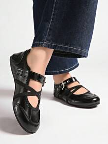 2025春季复古红色百搭魔术贴玛丽珍鞋，女士休闲圆头平底皮鞋 - 黑色 - 查看 7