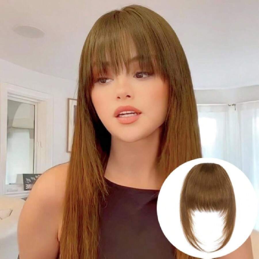 French Clip In Bangs, Brown Long Wispy Bangs Hair Clip With Temple Full Fringe Curtain Bangs Hair Clip Hair Piece Thick Fake Bangs Clip In For Women(#10/12- Chestnut Brown),38546580 - 挑染金色 - 查看 1