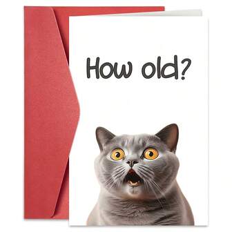 1张可爱猫咪惊讶表情生日贺卡（含信封）——“几岁了？”趣味信息，非常适合送给爱猫人士/朋友恶作剧，可爱幽默的贺卡