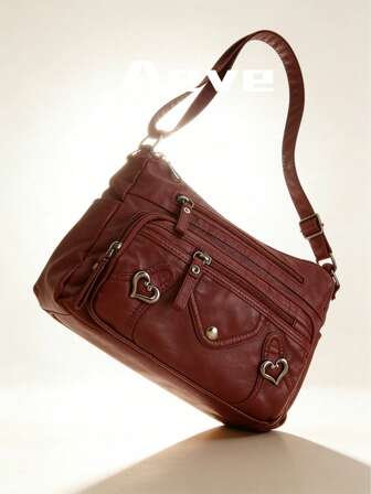 【轻便拉链斜挎包】优雅女士斜挎包，多口袋设计，人造革材质，轻巧纯色，可调节肩带，拉链封口，涤纶衬里，涂层饰边 - 提供黑色、灰色、红色、浅棕色可选