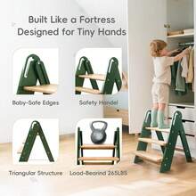 Wooden Step Stool For Toddler, Kids Step Stool For Bathroom Sink, Foldable Toilet Potty Training Stool With Non-Slip Pads And Handles, Child Kitchen Counter Wooden Ladder For Toddlers, Green - màu xanh lá - Xem 4