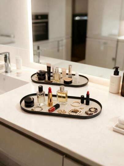 1 Nordic Light Luxury Style Metal Oval Storage Tray With Decorative PU Leather - Multifunctional Storage Box, Large Capacity Display Rack, Suitable For Placing Jewelry, Accessories, Decorations, Perfumes, Glasses, Makeup Brushes, Cosmetics, Lipstick, Perfume