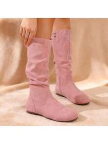 2025 New Women's Solid-Color Fashion Boots: Minimalist Round Toe, Flat Heel & Side-Zip Design-Versatile Mid-Calf & Ankle Styles For Casual Wear - Phiên bản nâng cấp màu hồng - Xem 2