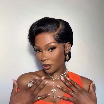 T型蕾丝前额短假发，真人发材质，13*4*1 T型蕾丝前额精灵短假发，女士真人发假发，无胶假发，日常佩戴，女士短假发，黑色真人发假发，侧分刘海短假发