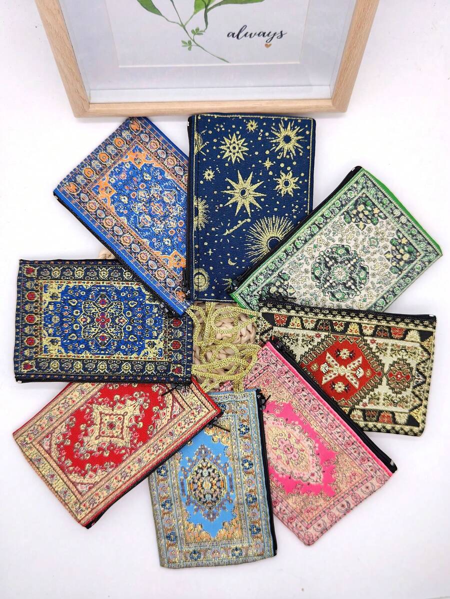 8pcs/3pcs Evil Eye Printed Gold Thread Portable Coin Purse, Fashionable And Retro Gold Thread Embroidered Zipper Wallet, Prayer Carpet Storage Bag, Suitable For Daily Use, 4*6 Inches, Ladies' Wallet, Mini Wallet, Coin Purse. ,Travel Essential Bag - Multicolor - View 1