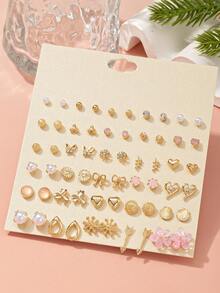 Set de 30 pares de pendientes de botón con diseños surtidos de flores, lágrimas, corazones, lazos y copos de nieve con perlas falsas de metal, un regalo de joyería encantador para mujeres, adecuado para uso diario y días festivos - Multicolor - Ver 7
