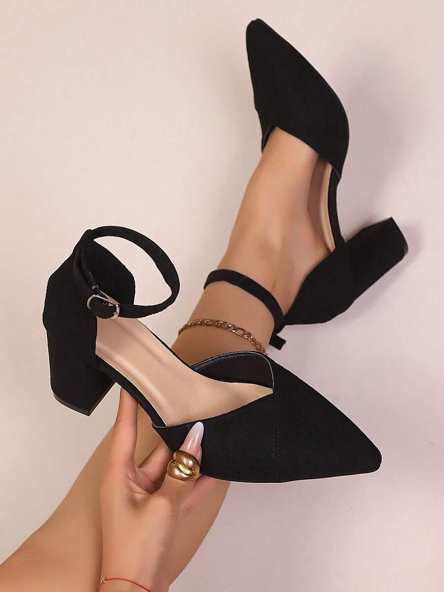 黑色优雅镂空踝带尖头粗跟时尚高跟鞋，女士时尚正装鞋，春秋新款