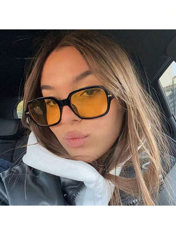 1 Pair Small Square Yellow Lens Fashionable Y2K Style Fashion Glasses, Suitable For Summer Beach, Outdoor Activities And Travel