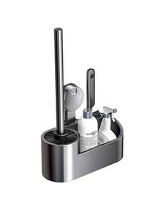 1 Set Suction Cup Toilet Brush Holder, Drill-Free Bathroom Wall-Mounted Toilet Brush Holder With Crevice Brush, Perforated Draining Caddy - Multicolor - View 4