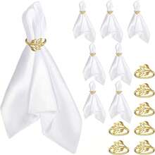 16个金箔餐巾环和8条白色布餐巾套装，17英寸 x 17英寸布艺餐巾和餐巾环，适用于婚礼、生日派对、家庭聚会、餐桌装饰