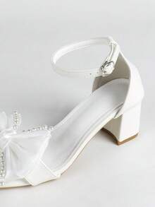 Women's Butterfly & Faux Pearl Decor Chunky Heel Open Toe Strap Sandals, French Elegant Style, White High Heel Sandals For Summer - White - View 7